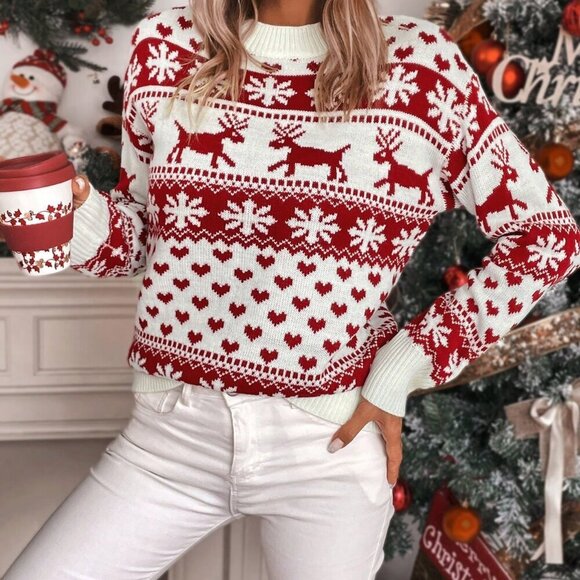 Red And White Casual Women's Christmas Elk & Heart Pattern Drop Shoulder Sweater - Picture 3 of 6